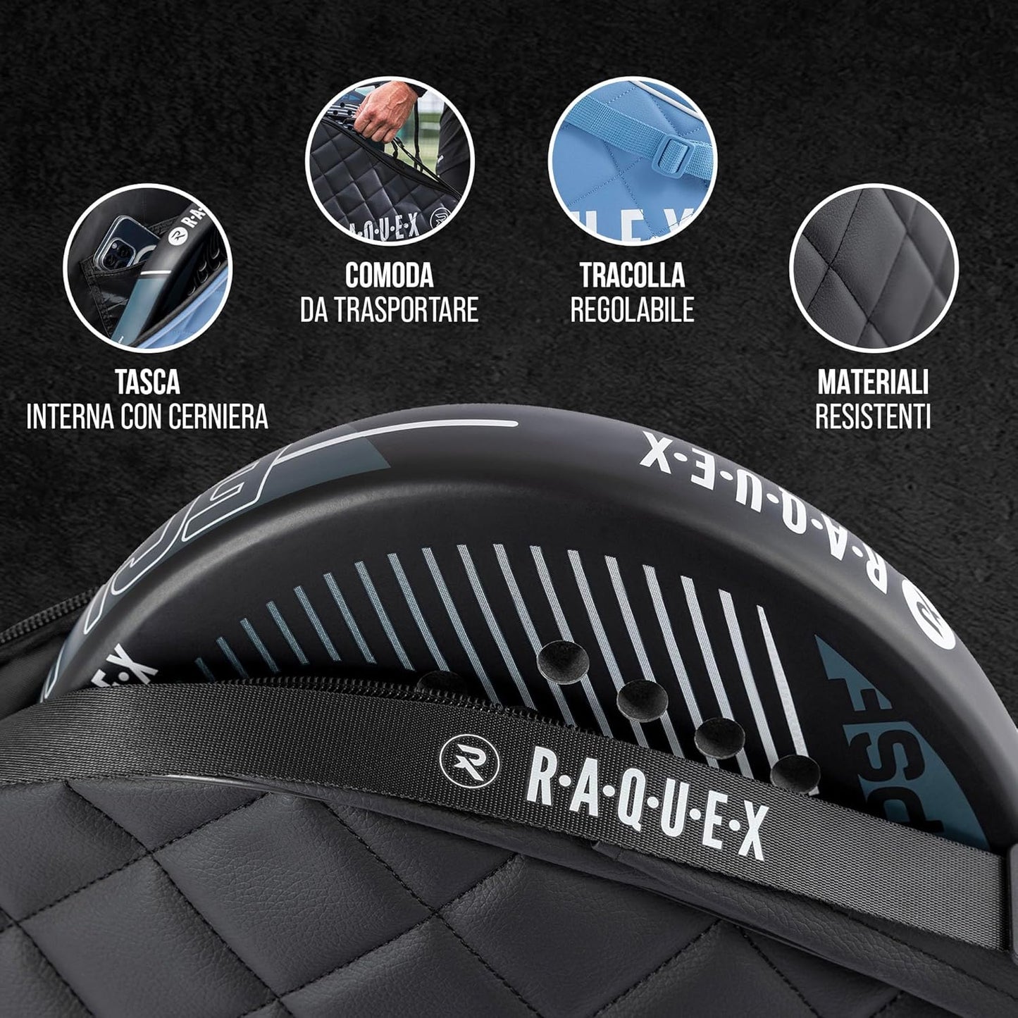 Elite - Custodia per Racchetta Da Padel - Nero O Blu, per 1 Racchetta. Borsa Da Padel Trapuntata in Pelle Sintetica, per Uomo E Donna, Imbottita, Regalo Di Lusso